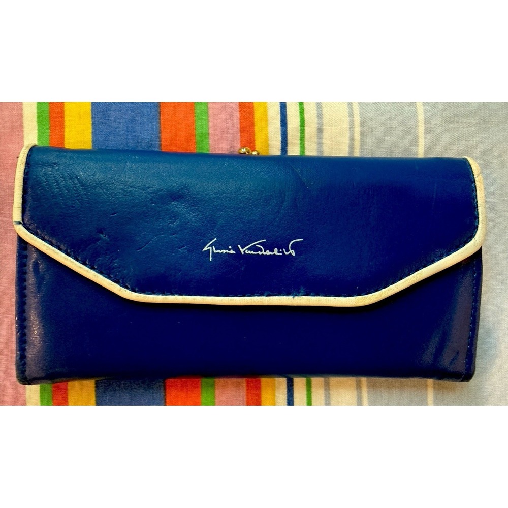 Gloria Vanderbilt V7001 VTG Blue Leather Tri Fold Wallet Clutch KissLock NOS USA